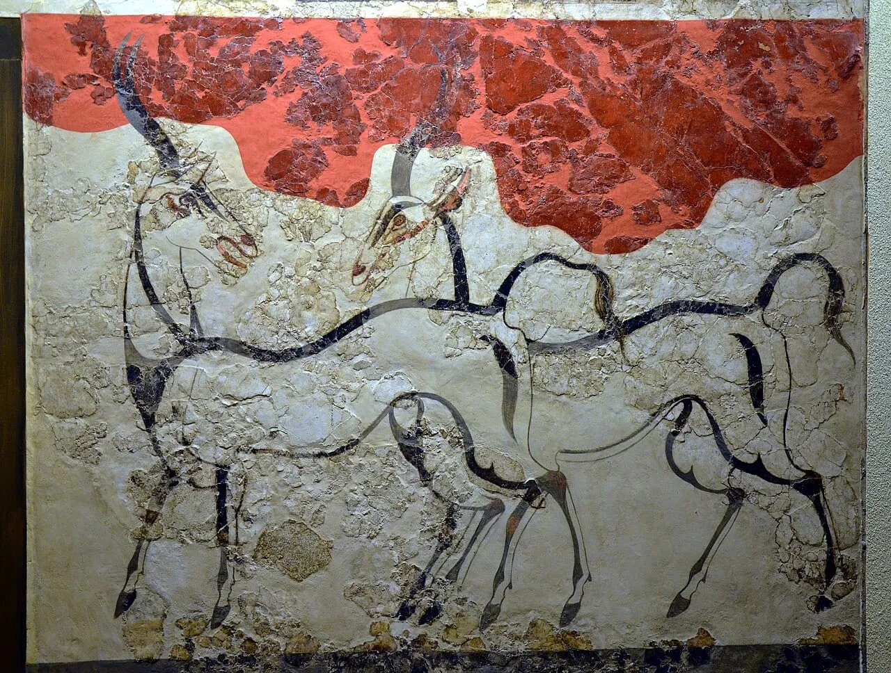 Minojski fresk z antylopami z Akrotiri na Santorini, eksponat muzeum